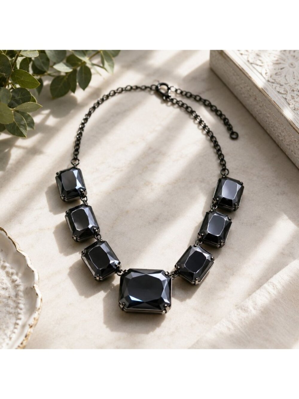 Black Faceted Statement Necklace With Chunky Gemstones & Lobster Clasp 18 Inches
